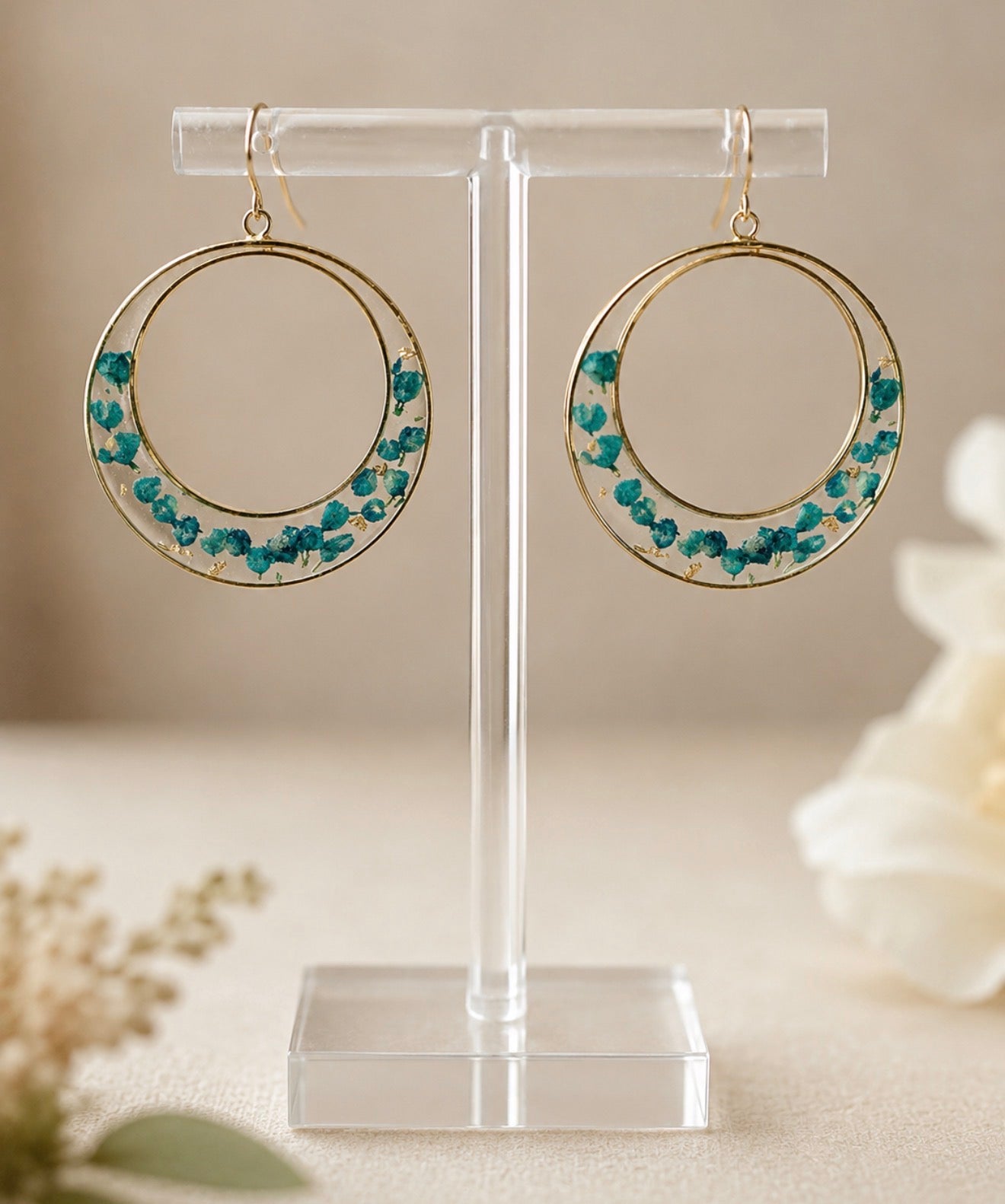 Clear Acrylic Floral Hoop Earrings Blue Pressed Flower Dangle Earrings